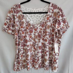 Super Soft Boho Floral Top Crochet Back Button Details Stretchy 2X & 3X Plus NEW